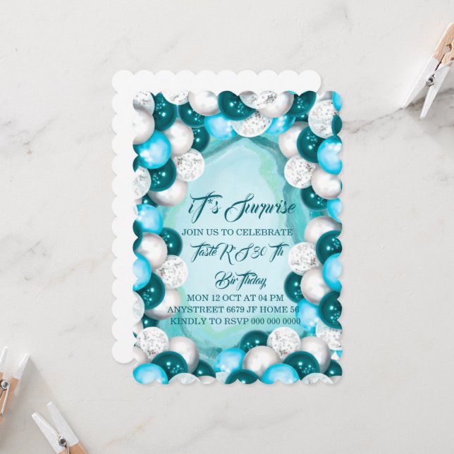 Invitation d'anniversaire surprise turquoise, anni (Devant/Arrière en situation)