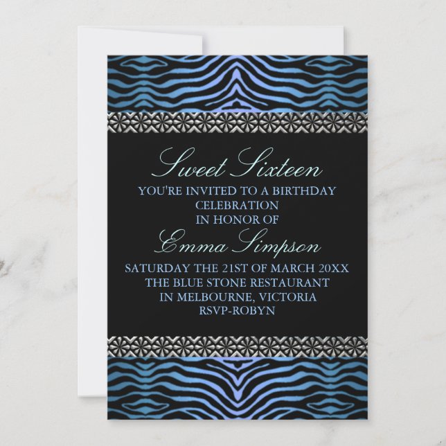 Invitation d'anniversaire Sweet16 à motif zèbre bl (Devant)