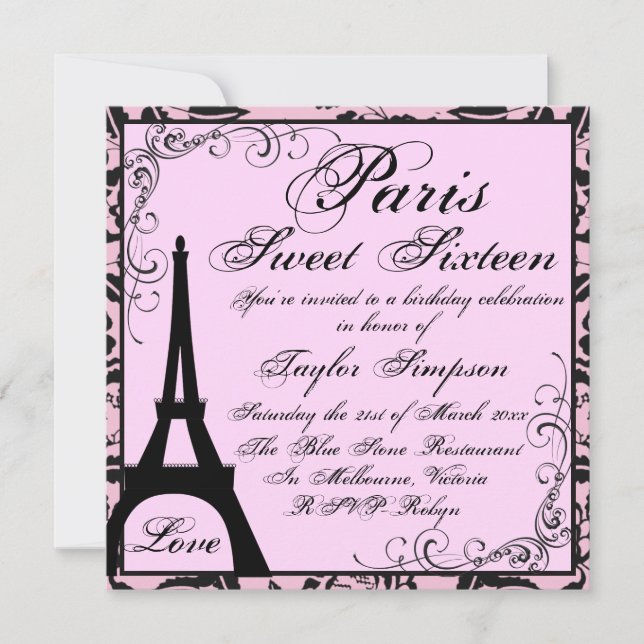 Invitation d'anniversaire Sweet16 Black & Pink Par (Devant)