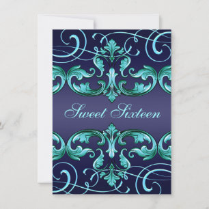 Invitation d'anniversaire Sweet16 bleu foncé damas