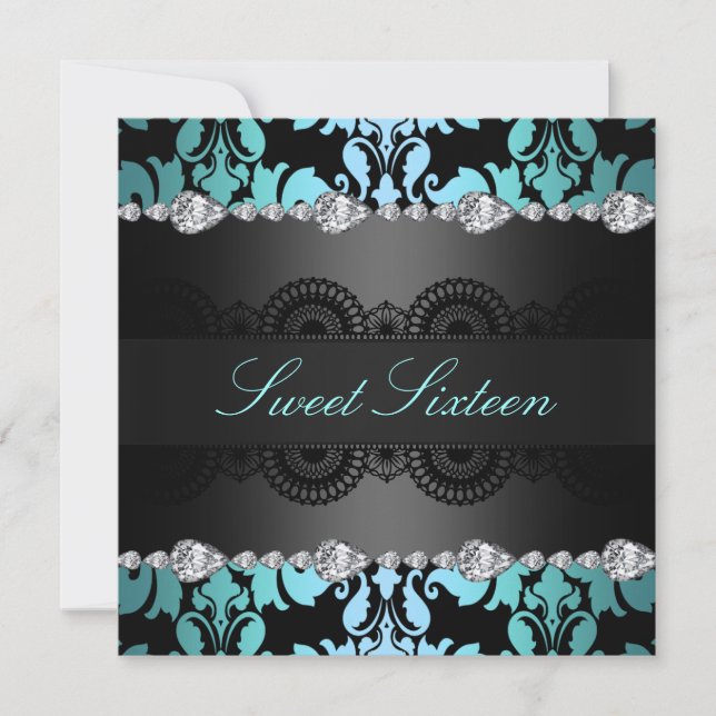 Invitation d'anniversaire Sweet16 noir/bleu diaman (Devant)