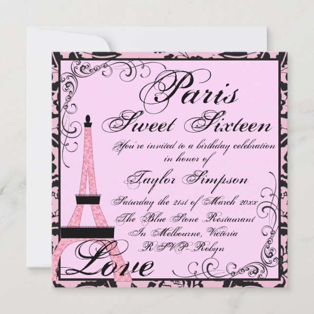 Invitation d'anniversaire Sweet16 rose/noir Paris (Devant)