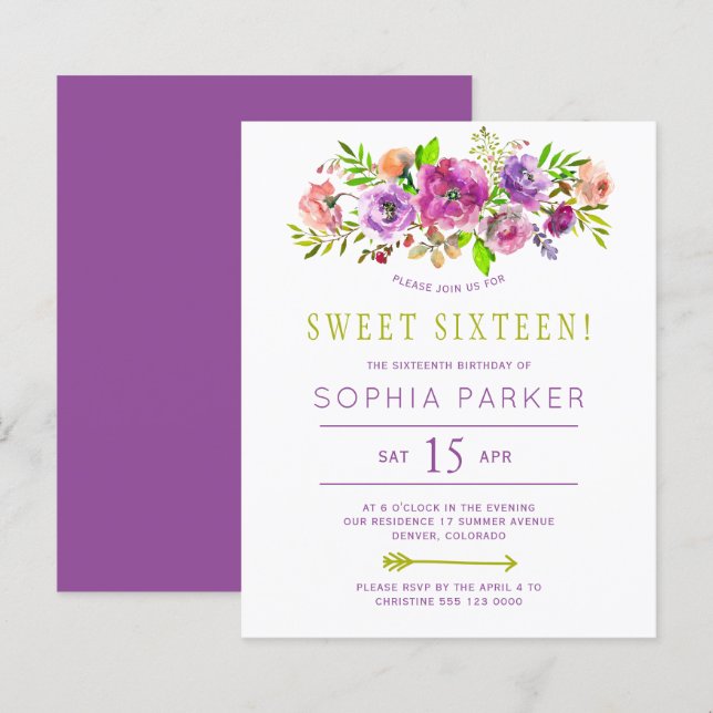 Invitation d'anniversaire Sweet 16 à fleurs violet (Devant / Derrière)