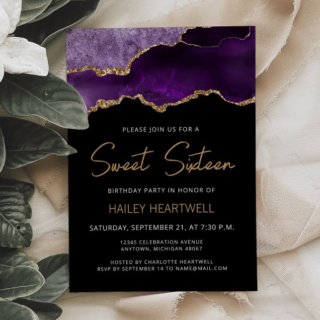 Invitation d'anniversaire Sweet 16 Agate Gold Purp (Créateur téléchargé)