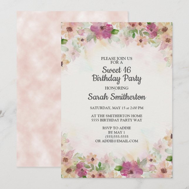 Invitation d'anniversaire Sweet 16 aquarelle crème (Devant / Derrière)