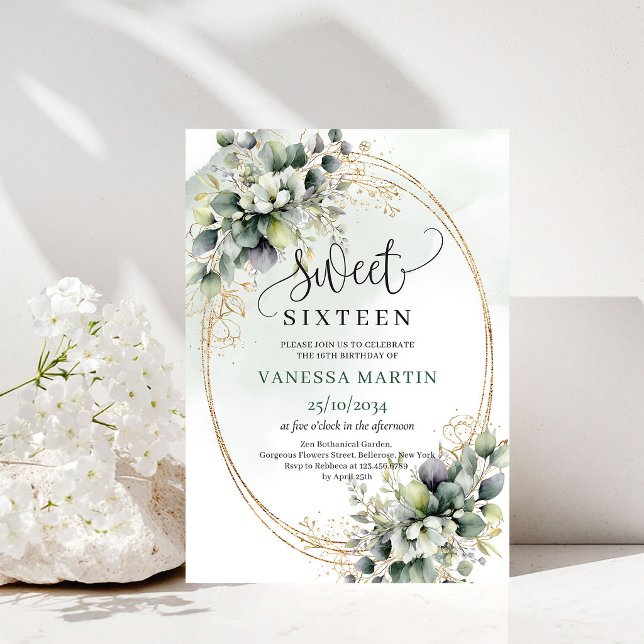 Invitation d'anniversaire Sweet 16 aquarelle de ve (Greenery Watercolor Sweet 16 Birthday Invitation)