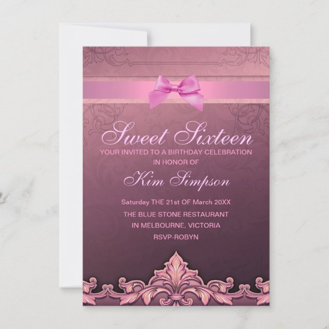 Invitation d'anniversaire Sweet 16 avec ruban rose (Devant)