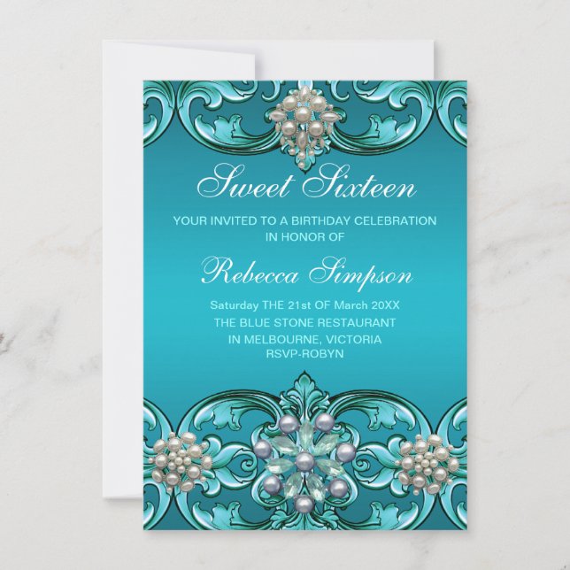 Invitation d'anniversaire Sweet 16 Bleu Damassé &  (Devant)