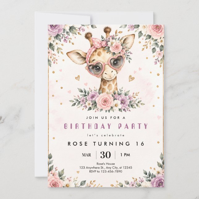 Invitation d'anniversaire Sweet 16 de girafe migno (Devant)