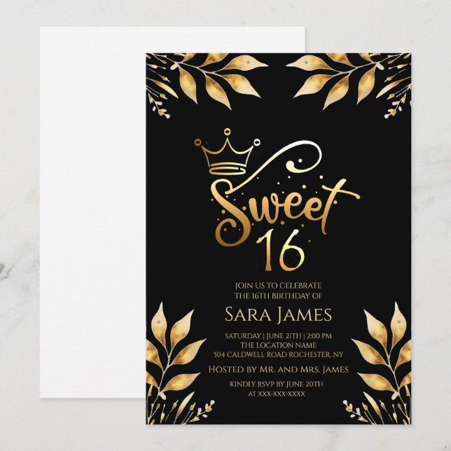 Invitation d'anniversaire Sweet 16 en or régale et (Devant / Derrière)