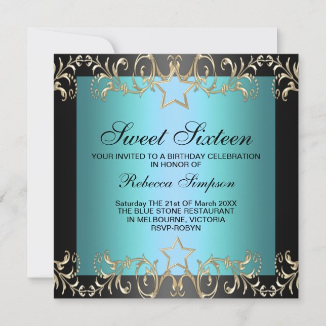 Invitation d'anniversaire Sweet 16 étoile bleue et (Devant)