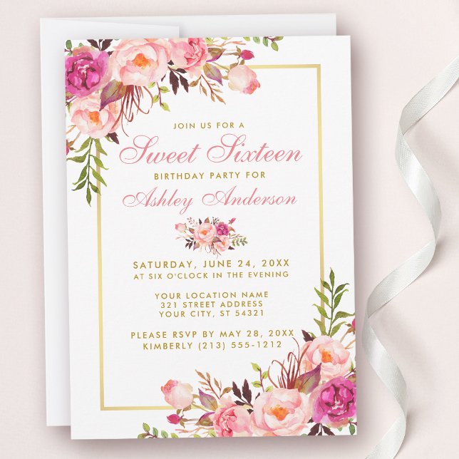 Invitation d'anniversaire Sweet 16 Fleurale Rose G (Customize to change text color, text style or to add more text or photos to back of card.)