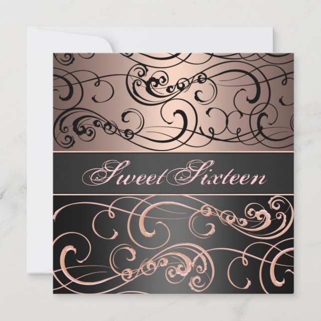 Invitation d'anniversaire Sweet 16 Noir/Tourbillon (Devant)