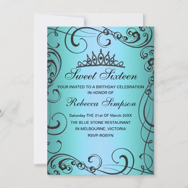 Invitation d'anniversaire Sweet 16 Princesse Bleue (Devant)