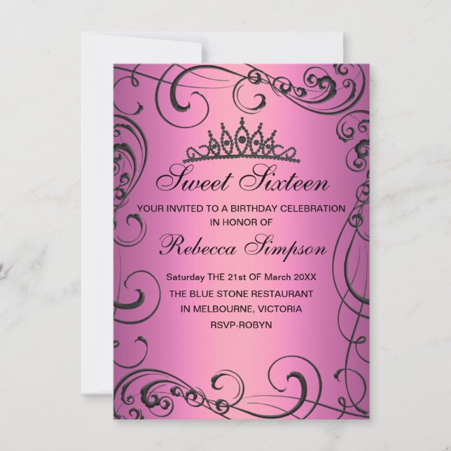 Invitation d'anniversaire Sweet 16 Princesse Rose (Devant)