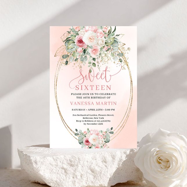 Invitation d'anniversaire Sweet 16 Roses Blush Or  (Chic Gold Blush Roses Sweet 16 Birthday Invitation)