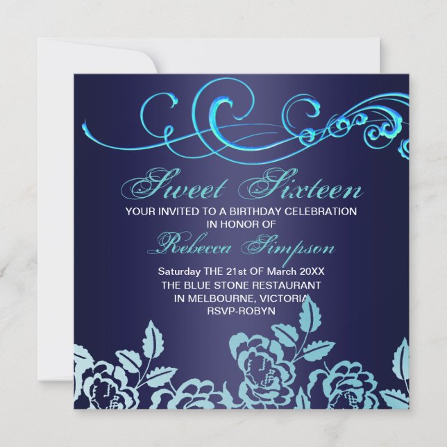 Invitation d'anniversaire Sweet 16 Tourbillon Bleu (Devant)