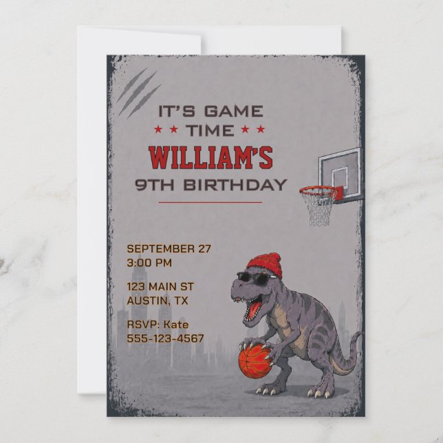 Invitation d'anniversaire T-Rex Basketball (Devant)