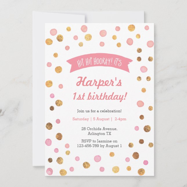 Invitation d'anniversaire | Taches de confetti ros (Devant)