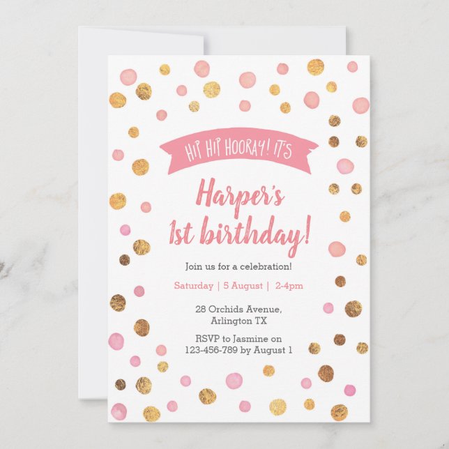 Invitation d'anniversaire | Taches de confetti ros (Devant)