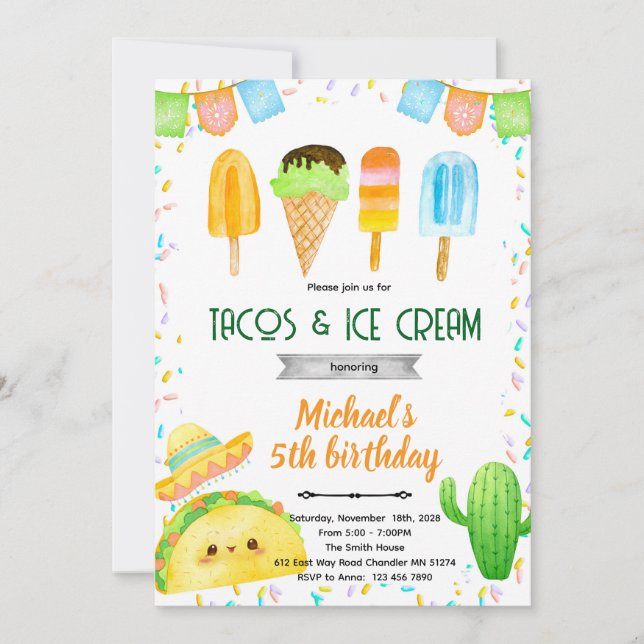 Invitation d'anniversaire Taco et glace (Devant)