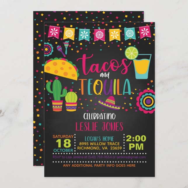 Invitation d'anniversaire Tacos & Tequila - noir (Devant / Derrière)