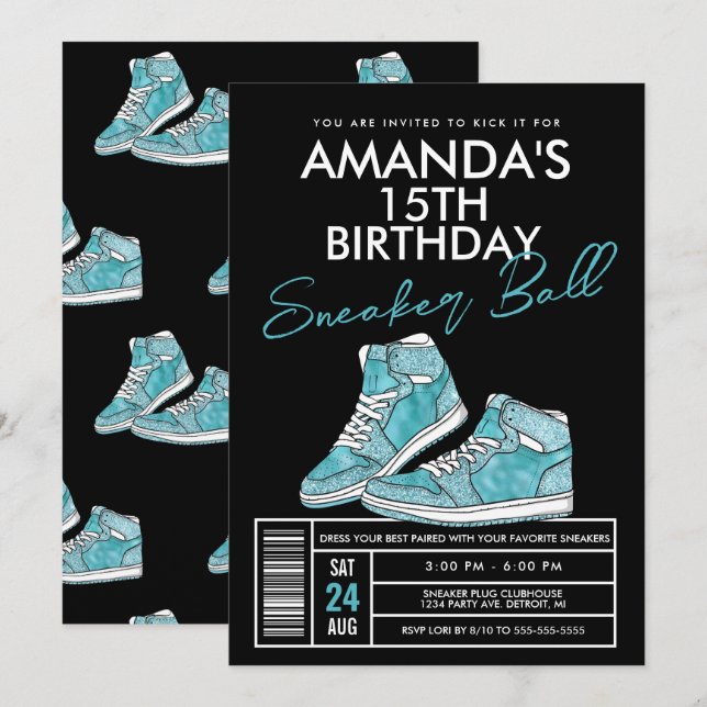 Invitation d'anniversaire Teal Sneaker Ball (Devant / Derrière)