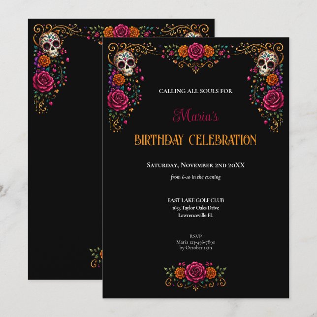 Invitation d'anniversaire Tête de Mort sucrée Jour (Devant / Derrière)