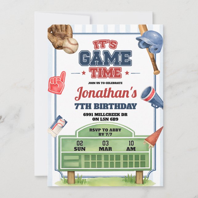 Invitation d'anniversaire thème baseball à l'heure (Devant)