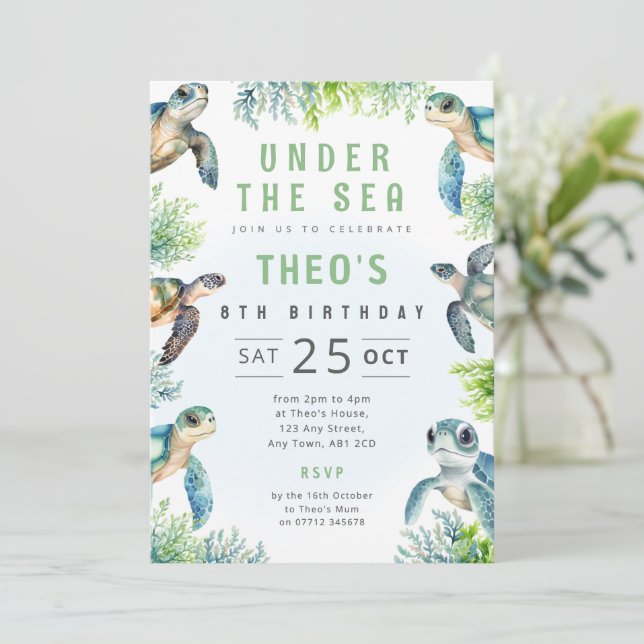 Invitation d'anniversaire thème Tortue Fête Animau (Debout devant)