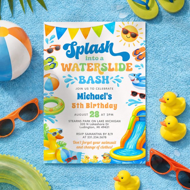Invitation d'anniversaire Toboggan aquatique pour  (Waterslide Birthday Invitation - Boy Summer Birthday Duck Theme)