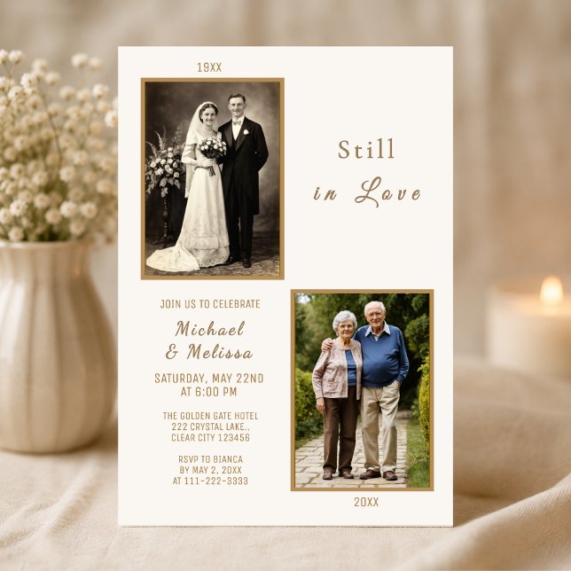 Invitation d'anniversaire toujours amoureux (Elegant still in love anniversary invitation with timeless ivory and gold romance)