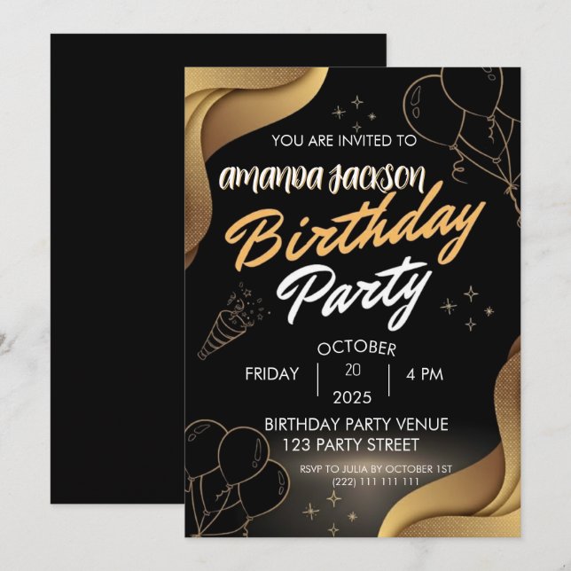 Invitation d'anniversaire tourbillon noir abstrait (Devant / Derrière)