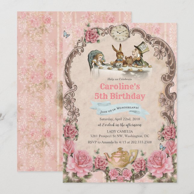 INVITATION D'ANNIVERSAIRE TOUT ÂGE - Alice au pays (Devant / Derrière)