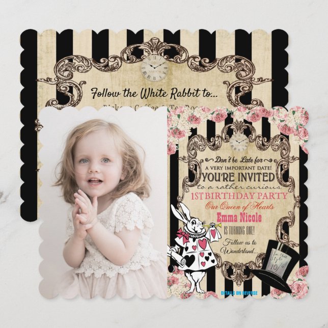 INVITATION D'ANNIVERSAIRE TOUT ÂGE - Alice au pays (Devant / Derrière)