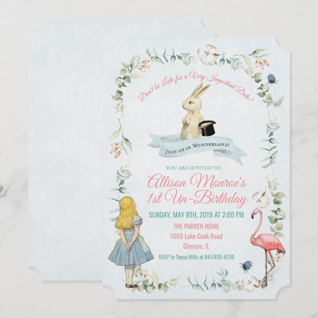 INVITATION D'ANNIVERSAIRE TOUT ÂGE - Alice au pays (Devant / Derrière)