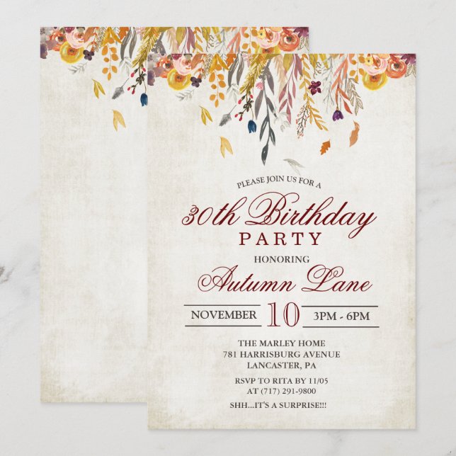 Invitation d'anniversaire TOUT ÂGE - Feuilles d'au (Devant / Derrière)