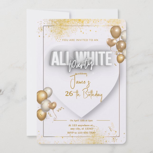 Invitation d'anniversaire tout en blanc (Devant)