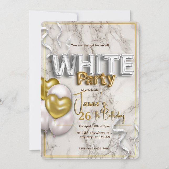 Invitation d'anniversaire tout en blanc (Devant)