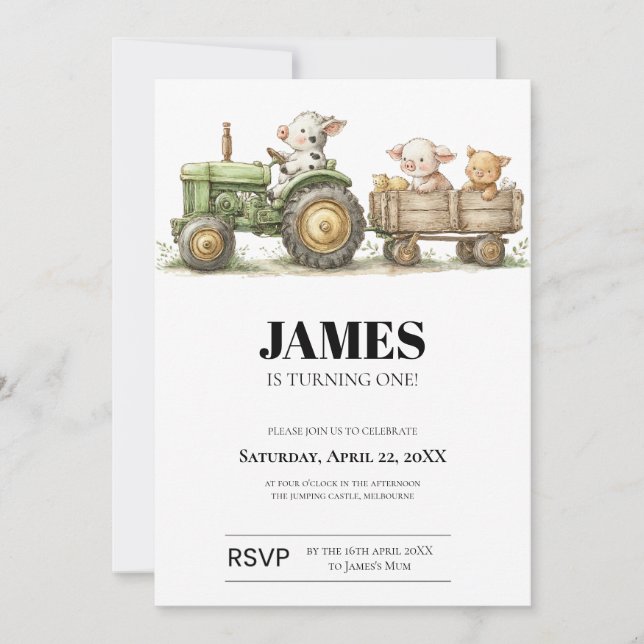 Invitation d'anniversaire Tracteur de Ferme | Anim (Devant)