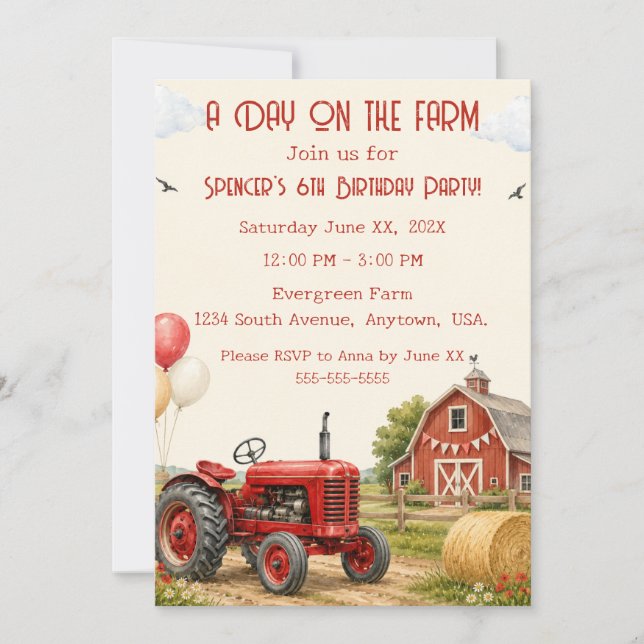 Invitation d'anniversaire tracteur rouge aquarelle (Devant)