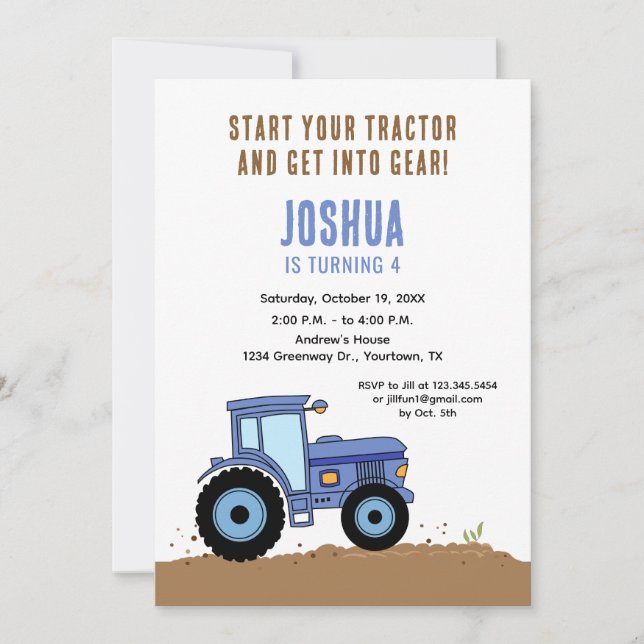 Invitation d'anniversaire tracteur tracteur bleu (Devant)