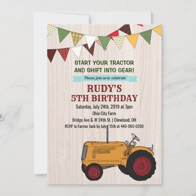 Invitation d'anniversaire tracteur vintage TOUT ÂG (Devant)