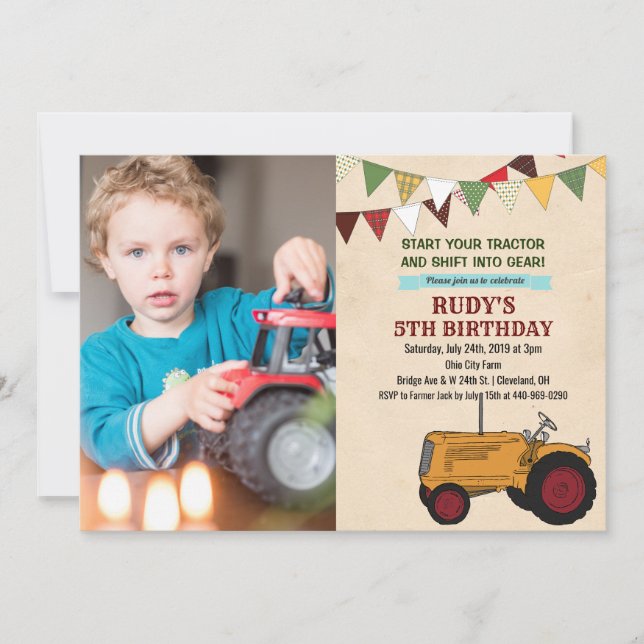 Invitation d'anniversaire tracteur vintage TOUT ÂG (Devant)