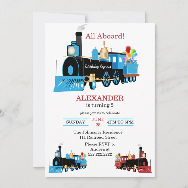 Invitation d'anniversaire Train Bleu et Rouge Tout (Devant)