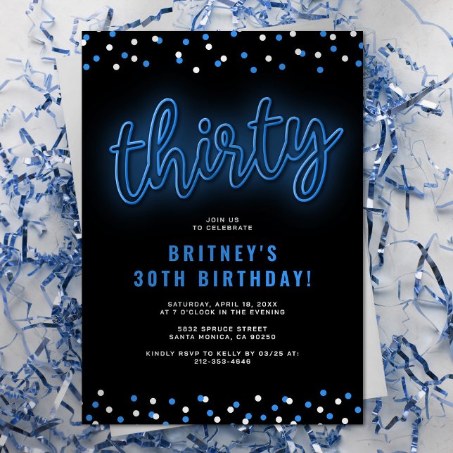 Invitation d'anniversaire trente ans néon bleu (Créateur téléchargé)