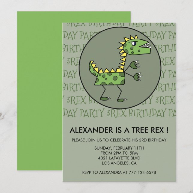 Invitation d'anniversaire trois rex dinosaure 3ème (Devant / Derrière)