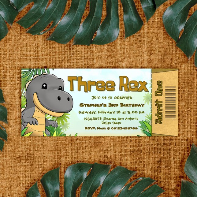 Invitation d'anniversaire Trois Rex pour les 3 ans (Three Rex Boy 3rd Birthday Ticket Invitation)