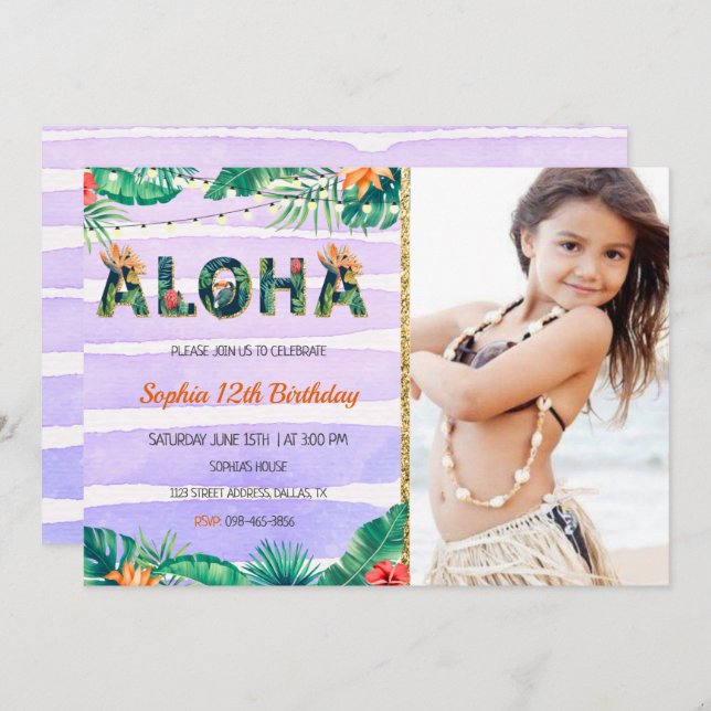 Invitation D'Anniversaire Tropical Aloha Avec Phot (Devant / Derrière)