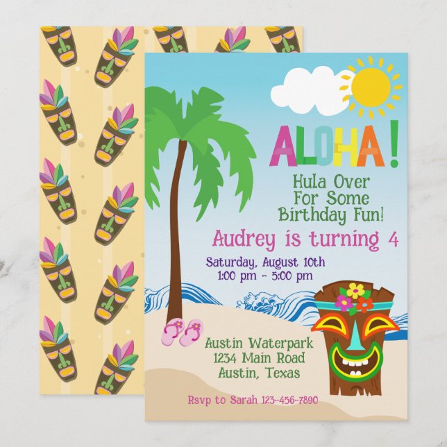 Invitation d'anniversaire Tropical Beach Aloha Lua (Devant / Derrière)